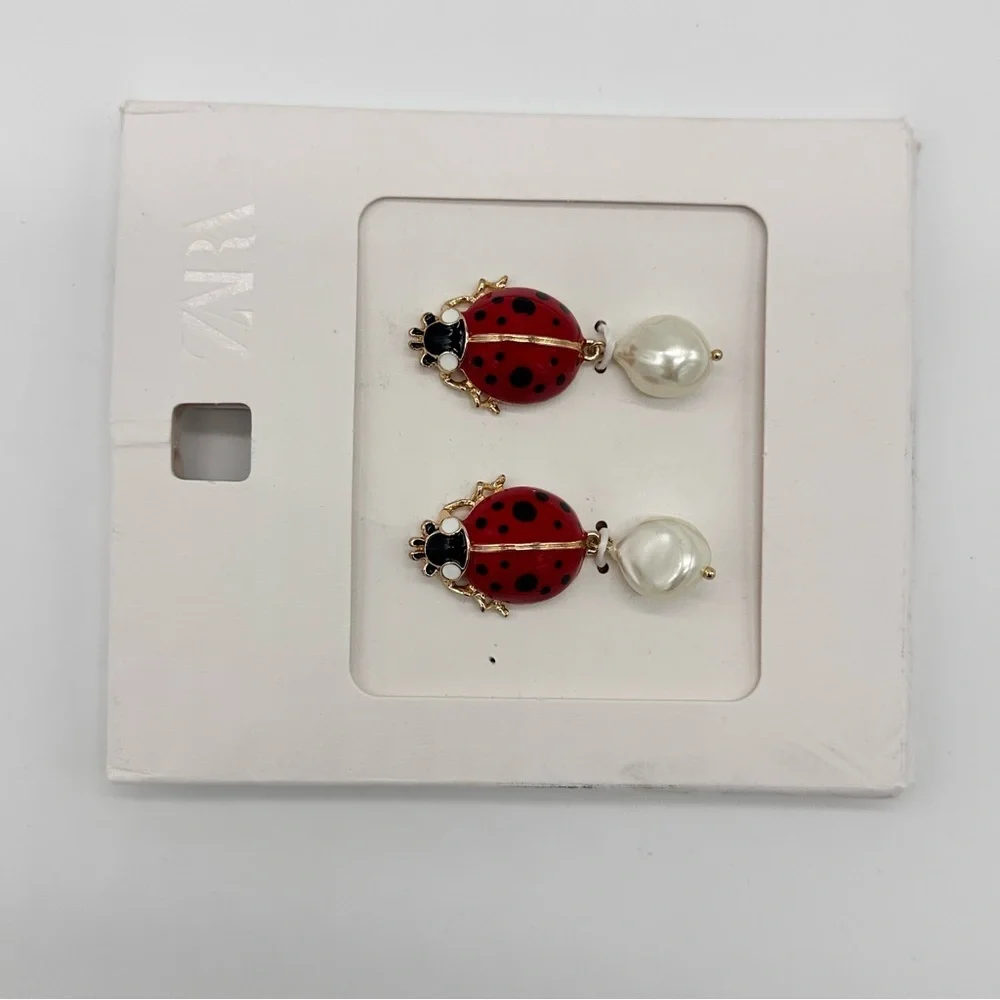 Zara Ladybug Pearl Drop Earrings
